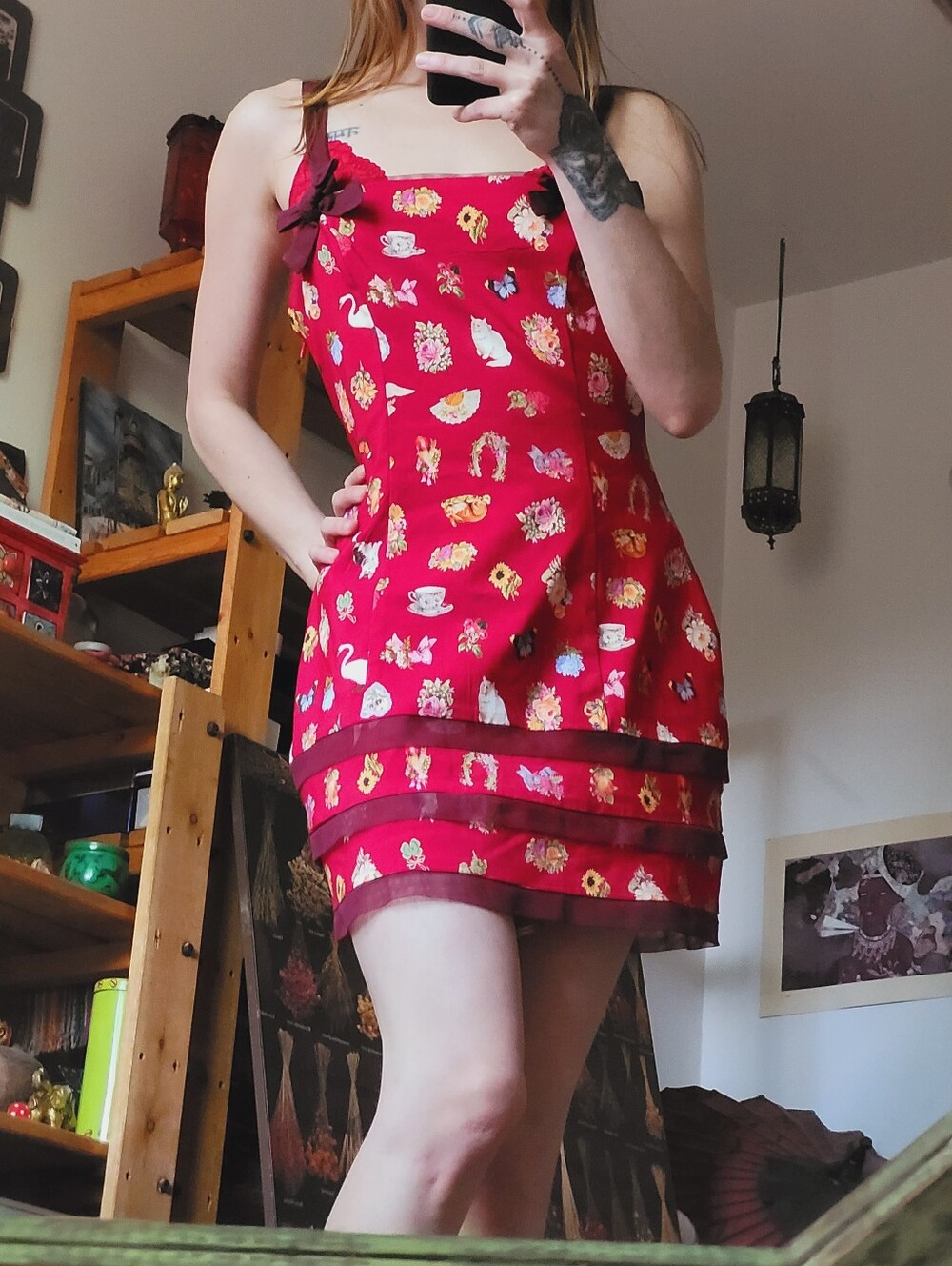 Kimchi Blue Lyla Red Dress Cats Novelty Print Coquette Bows Indie Boho - Size M